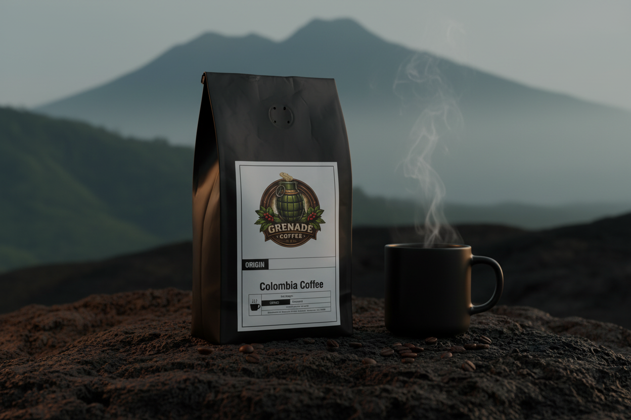 Grenade Coffee Medellín Operator Colombian single origin medium roast bag on volcanic stone with Andes mist background