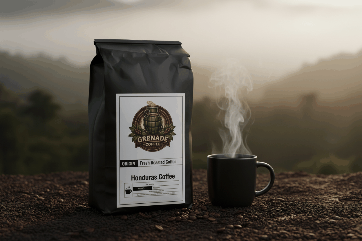 Bag of Marcala Ranger medium-dark roast coffee from Honduras with rich coffee beans and rustic background