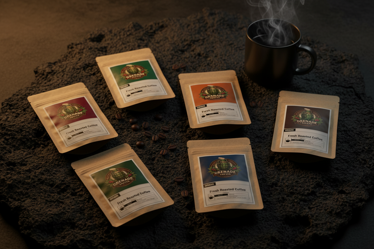 Grenade Coffee Field Kit six best sellers sample pack bags in tactical flat-lay on volcanic stone