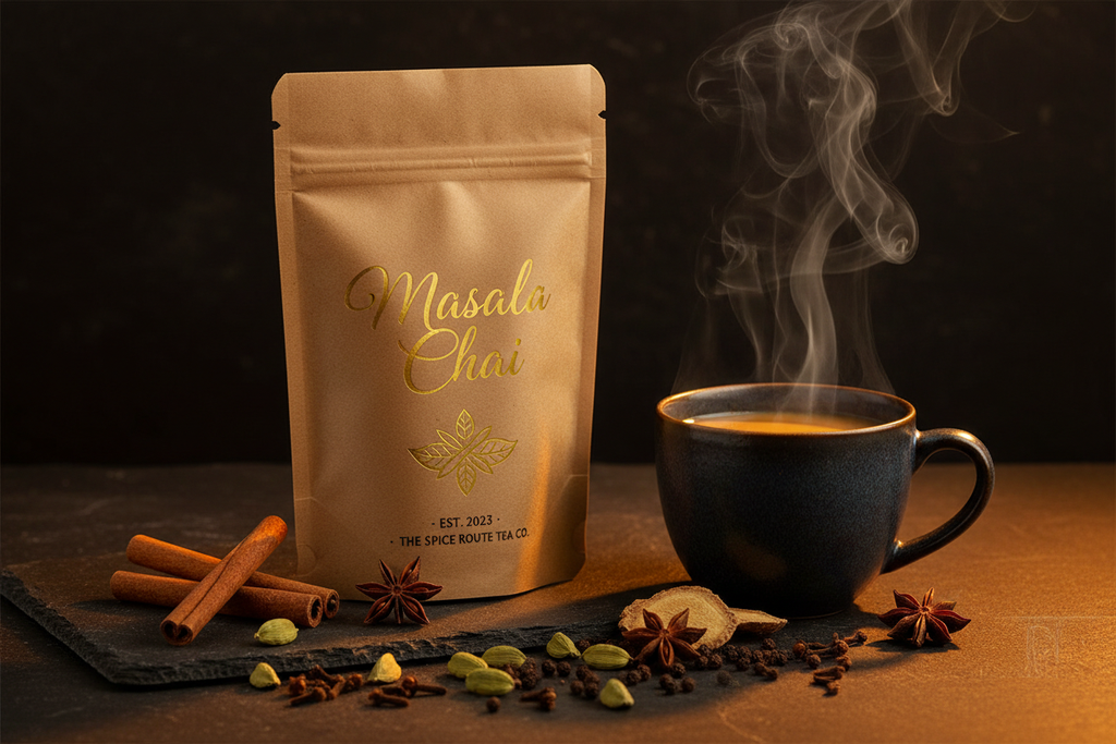 Grenade Coffee Masala Chai Tea premium loose leaf kraft pouch with whole spices on dark stone