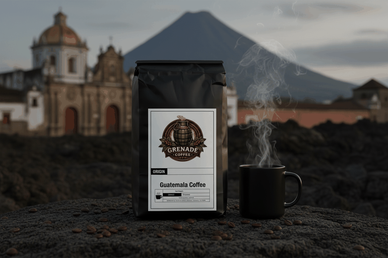 Bag of Antigua Phantom Guatemala single origin medium roast coffee with volcanic background