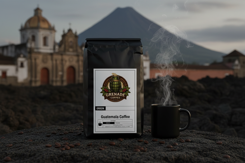 Grenade Coffee Antigua Phantom Guatemala single origin medium roast bag on volcanic stone with Antigua peaks in background
