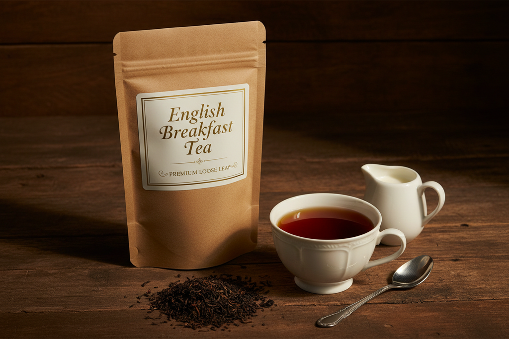 Grenade Coffee English Breakfast Tea bold loose leaf kraft pouch on dark aged wood with classic teacup