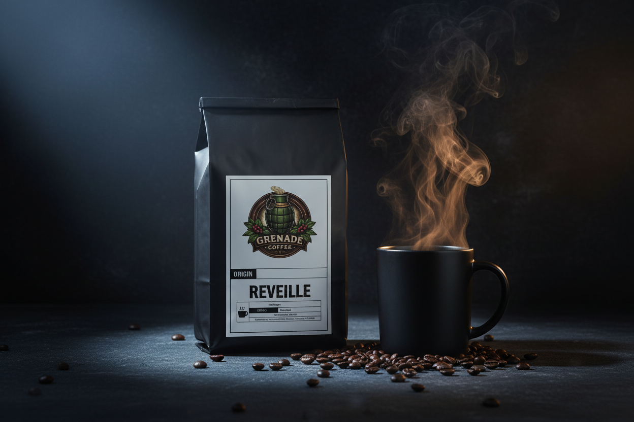 Grenade Coffee Zero Dark Thirty high caffeine medium roast bag in pre-dawn tactical lighting