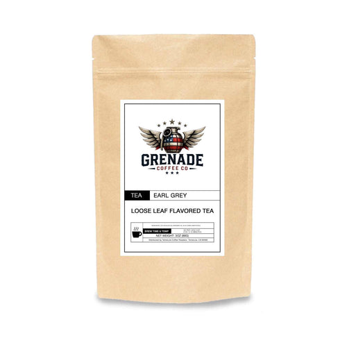 Sealed pouch of premium Earl Grey loose leaf tea with Ceylon black tea, bergamot oil, and blue cornflowers