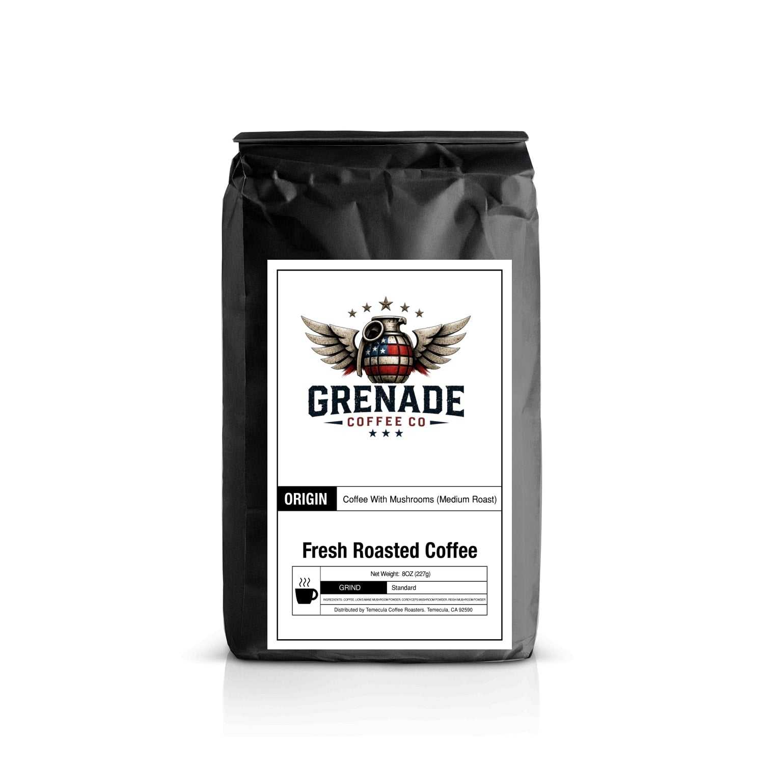Bag of Psych Ops medium roast coffee infused with mushrooms featuring chocolate and earthy notes