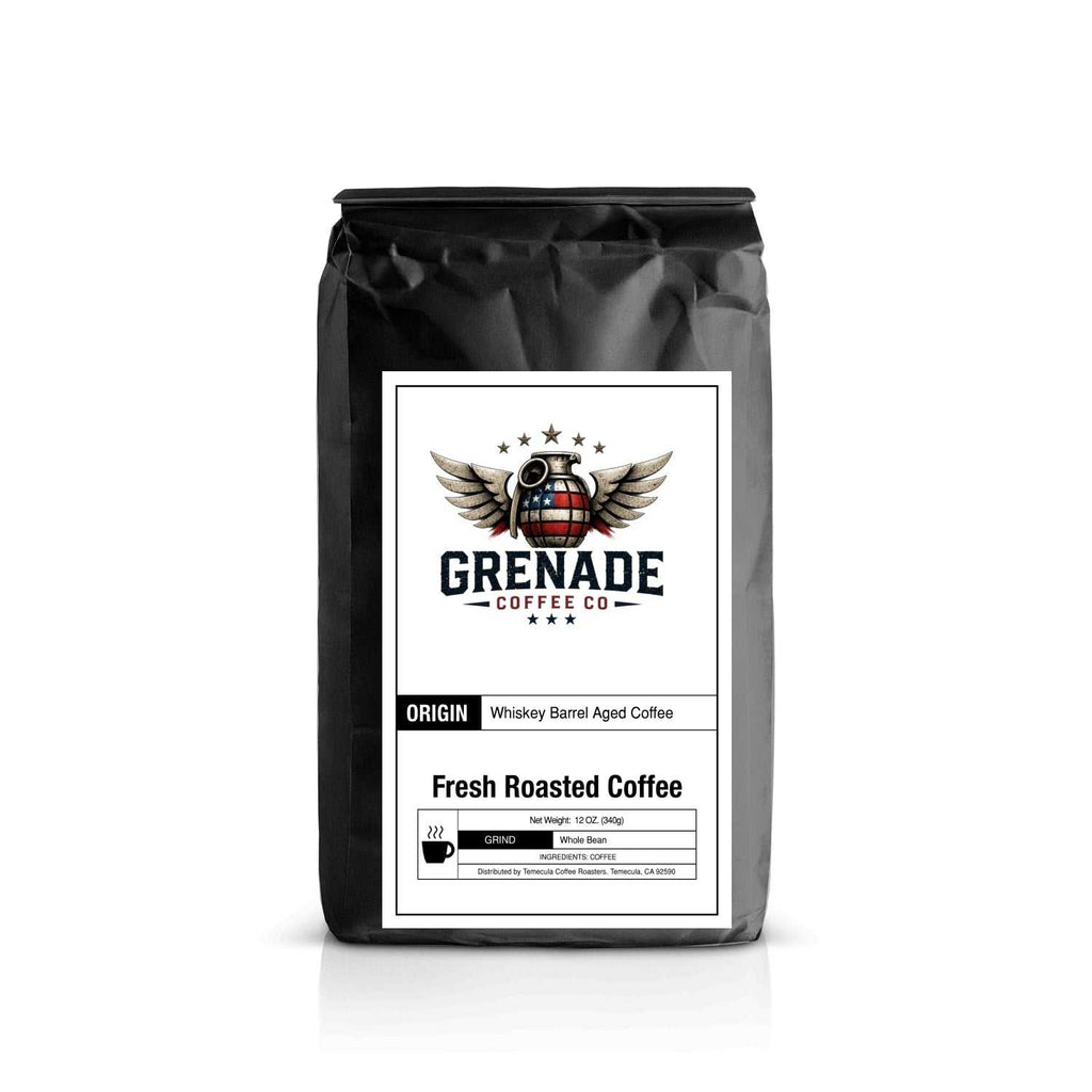 Highland Recon whiskey barrel aged Guatemalan dark roast coffee bag with oak, vanilla, and smoky dark chocolate notes
