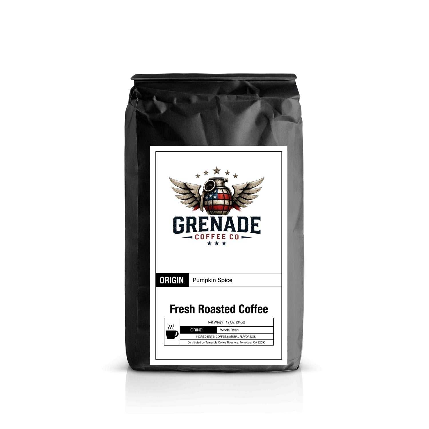 Pumpkin Spice Coffee Medium Roast bag with warm spice, caramel, and chocolate notes