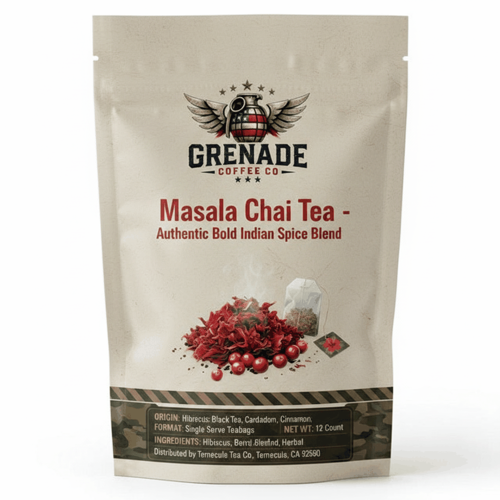 Masala Chai loose leaf black tea blend with spices cardamom cinnamon ginger black pepper and cloves in resealable pouch