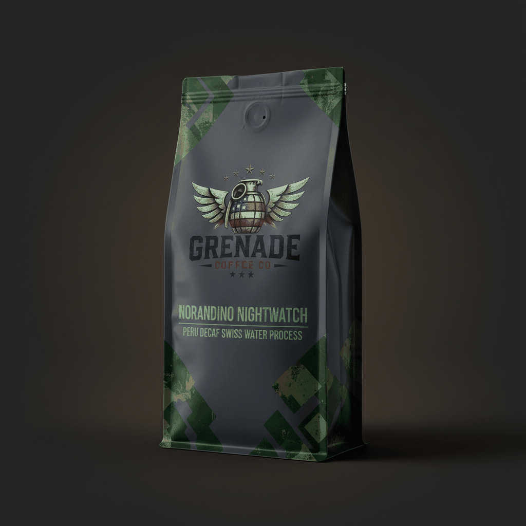 Bag of Norandino Nightwatch Peru Decaf Swiss Water Process medium roast coffee beans from Piura and Amazonas regions