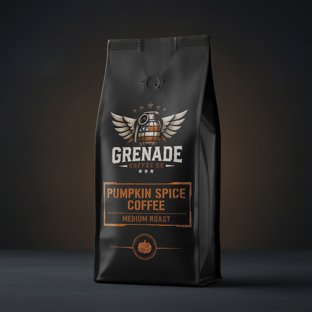 Medium roast pumpkin spice coffee bag with caramel and chocolate notes, roasted fresh by a veteran