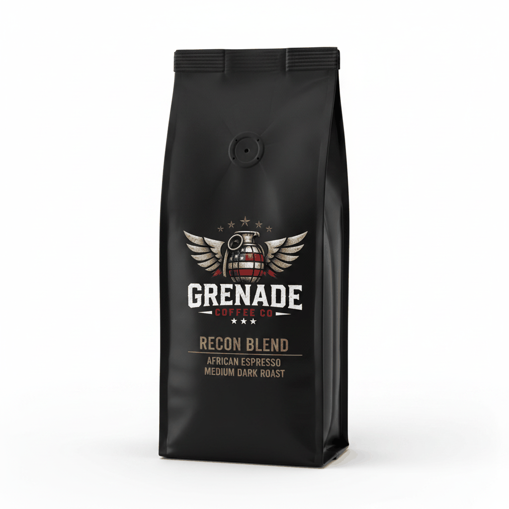 Bag of Recon Blend African Espresso coffee with a medium-dark roast and dark chocolate tasting notes