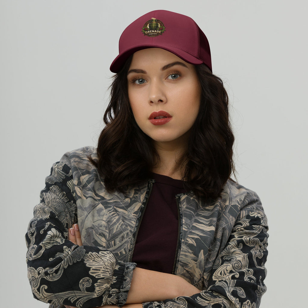 Six-panel trucker cap with mesh back and adjustable closure for sun protection