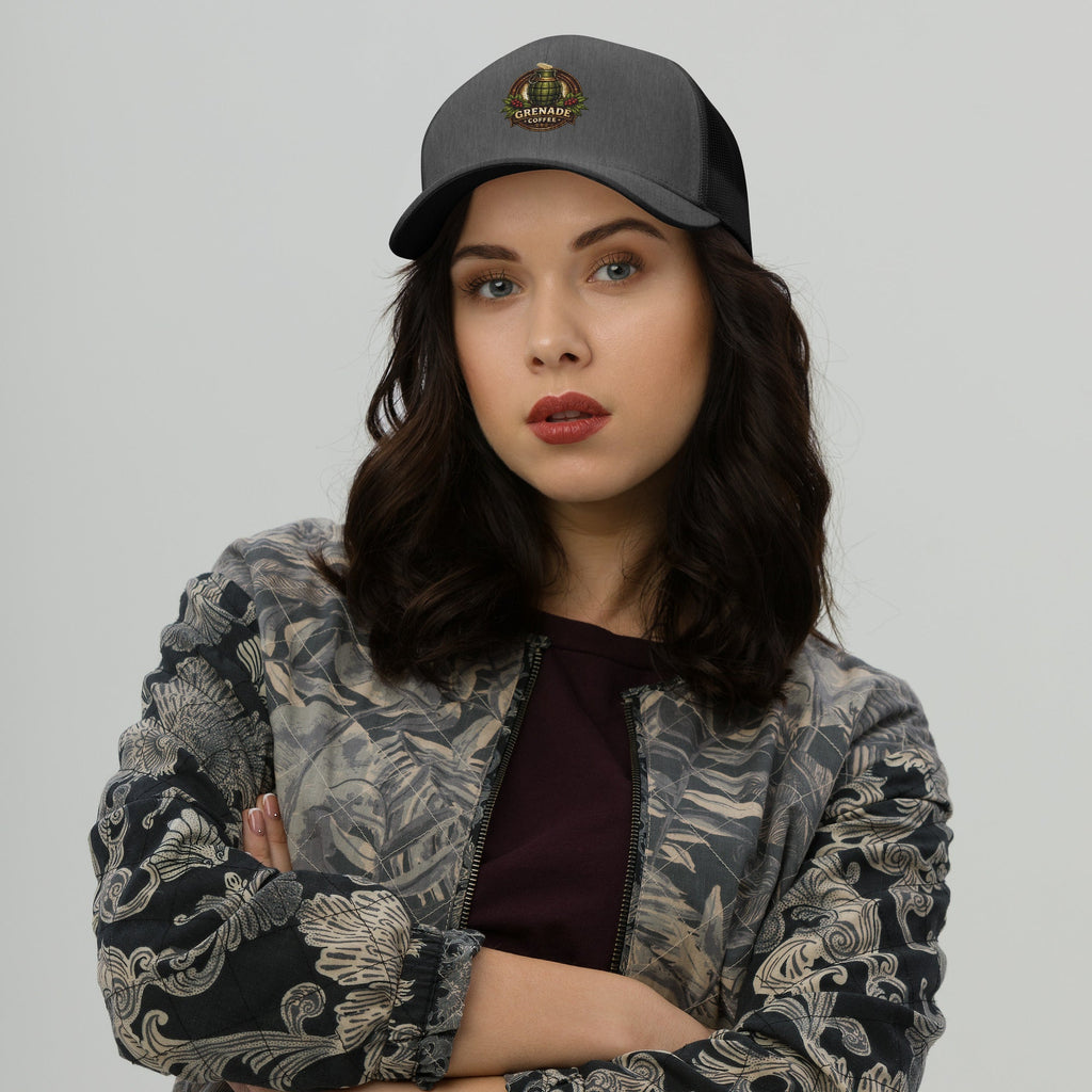 Six-panel trucker cap with mesh back and adjustable closure for sun protection