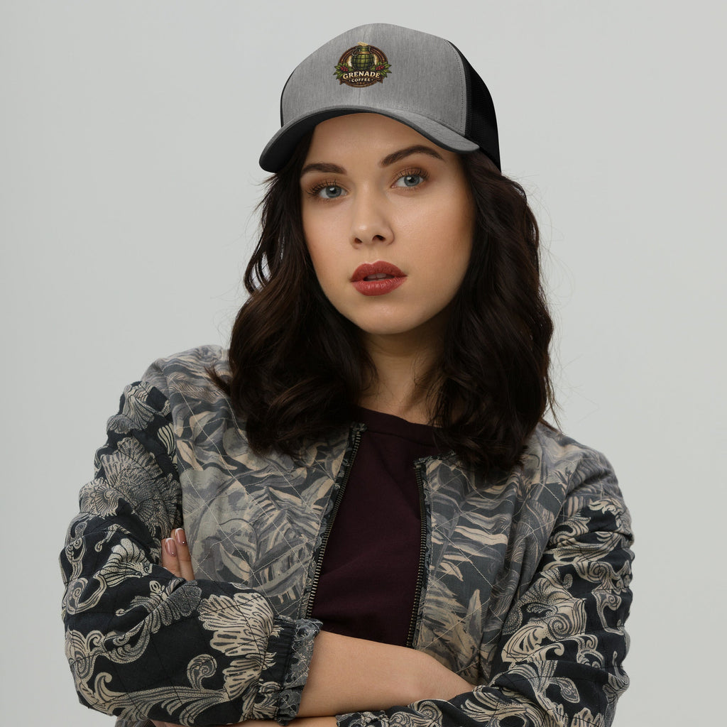 Six-panel trucker cap with mesh back and adjustable closure for sun protection