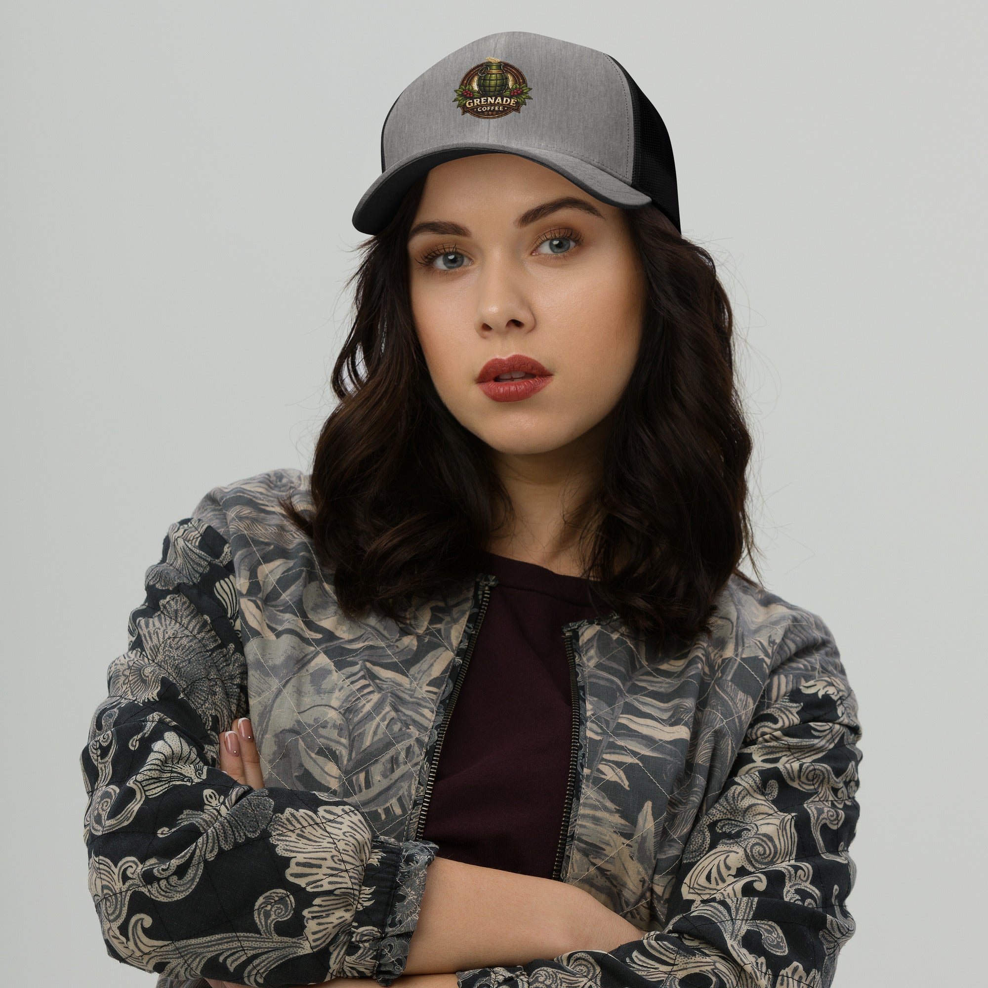 Six-panel trucker cap with mesh back and adjustable closure for sun protection