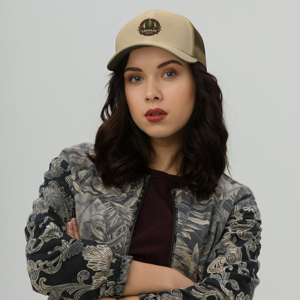 Six-panel mesh back trucker cap with adjustable closure and structured front panels