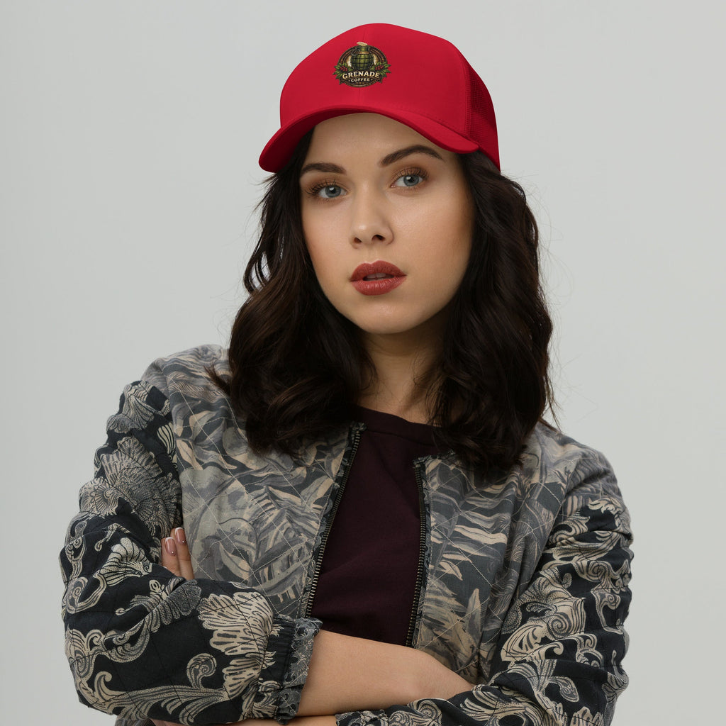 Six-panel trucker cap with mesh back and adjustable closure for sun protection