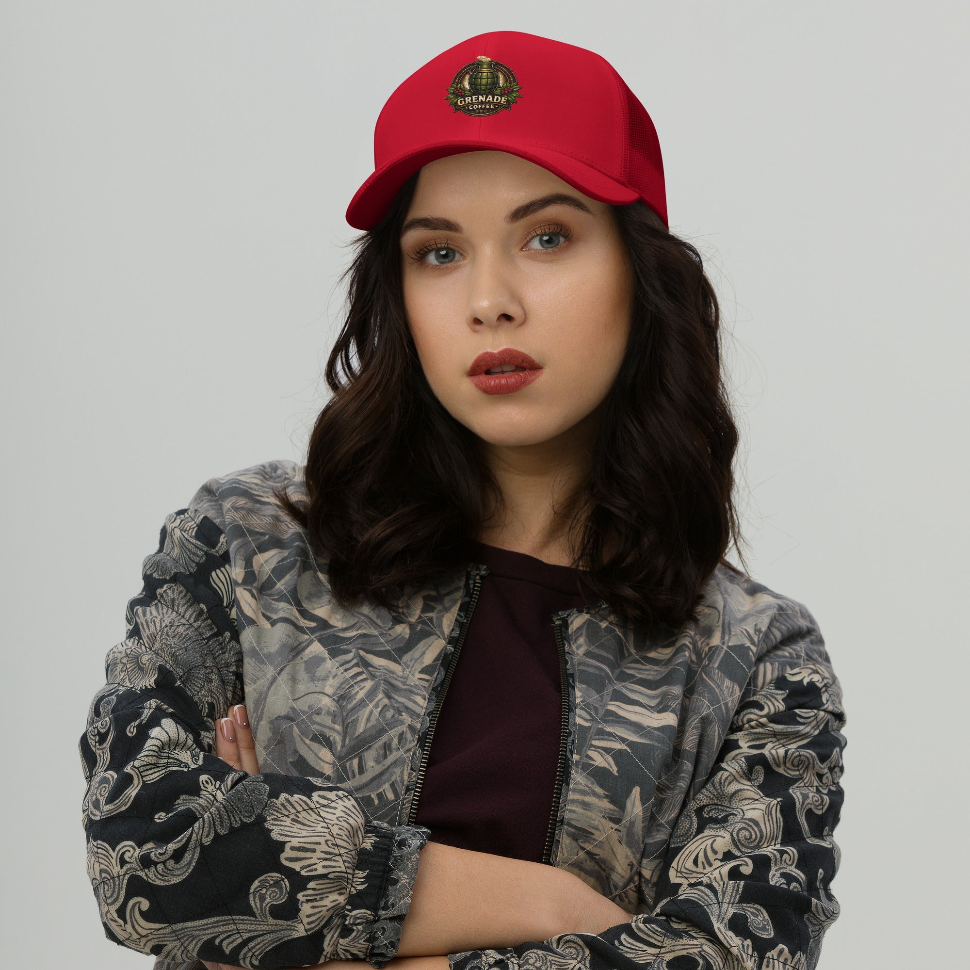 Six-panel trucker cap with mesh back and adjustable closure for sun protection