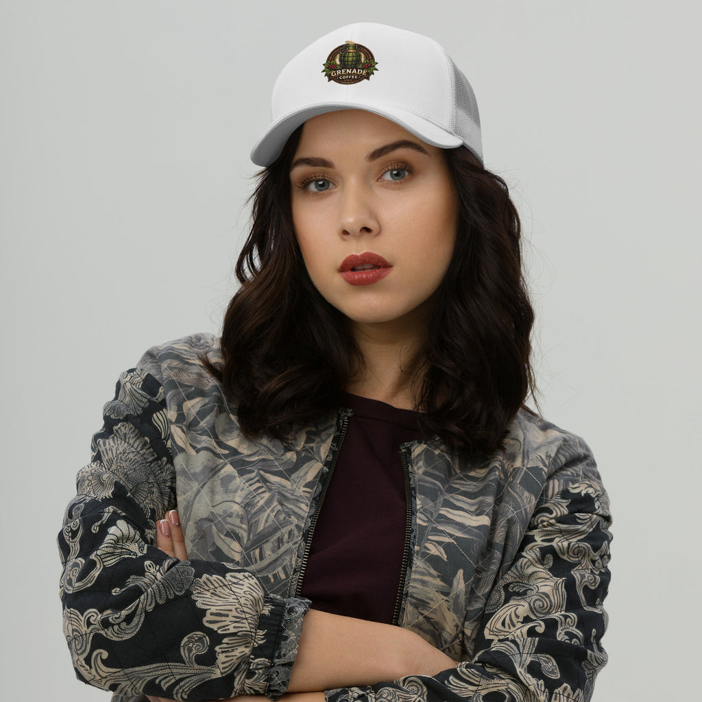 Six-panel trucker cap with mesh back and adjustable closure