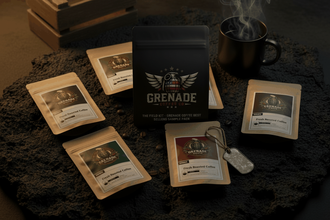 Grenade Coffee Best Sellers Sample Pack with light, medium, and dark roasted coffee samples in a Field Kit box