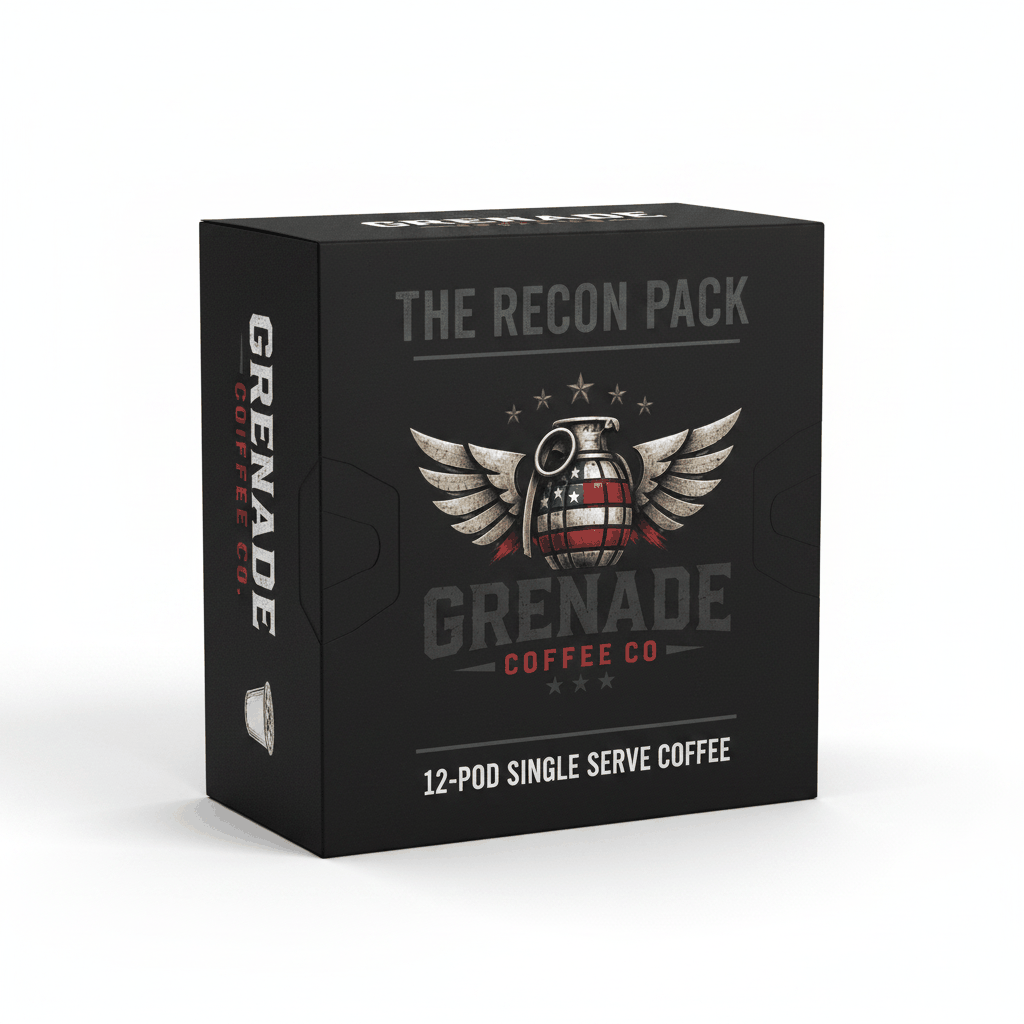 Box of 12 single serve coffee capsules with light, medium, and dark roasts from Grenade Coffee