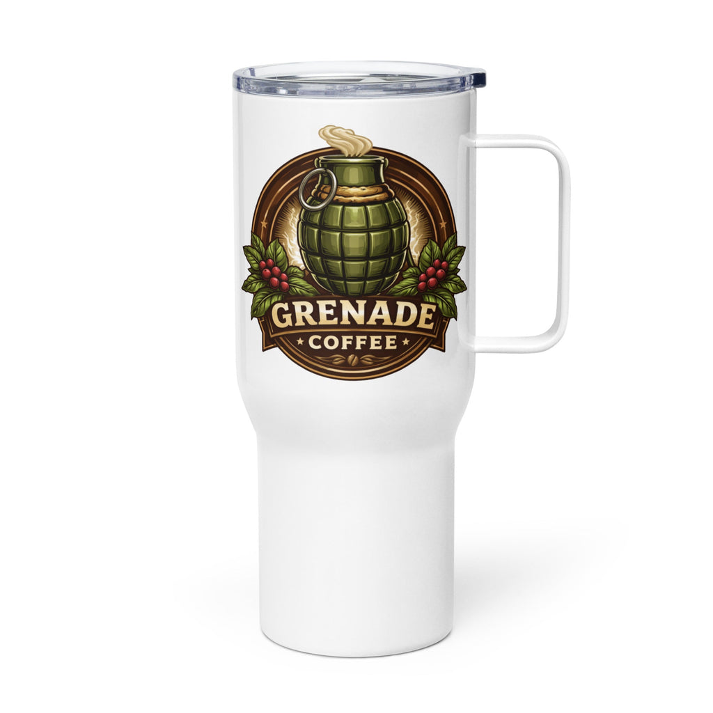 Stainless steel travel mug with handle and spill-proof lid for commuting and adventure