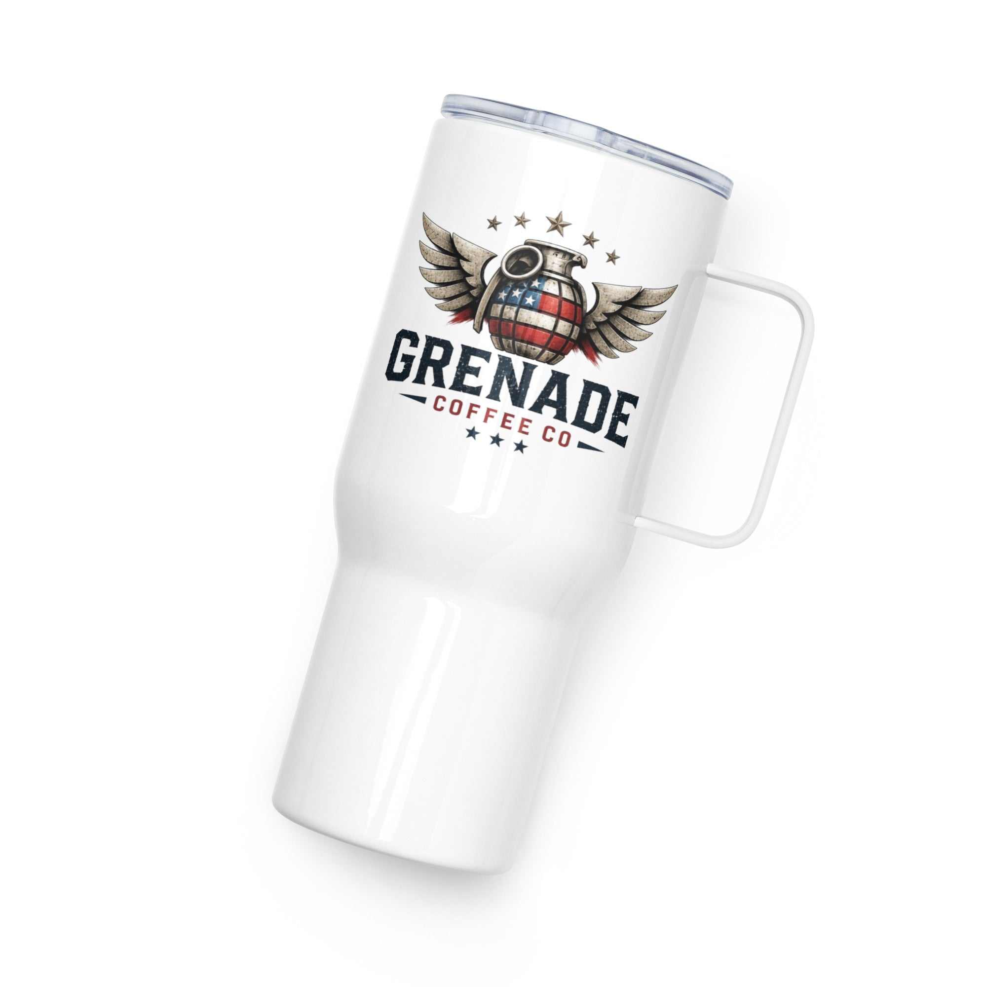 Stainless steel travel mug with handle and spill-proof lid for on-the-go use