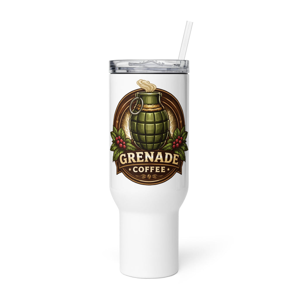 Stainless steel insulated travel mug with handle and spill-proof lid for easy carrying and temperature retention