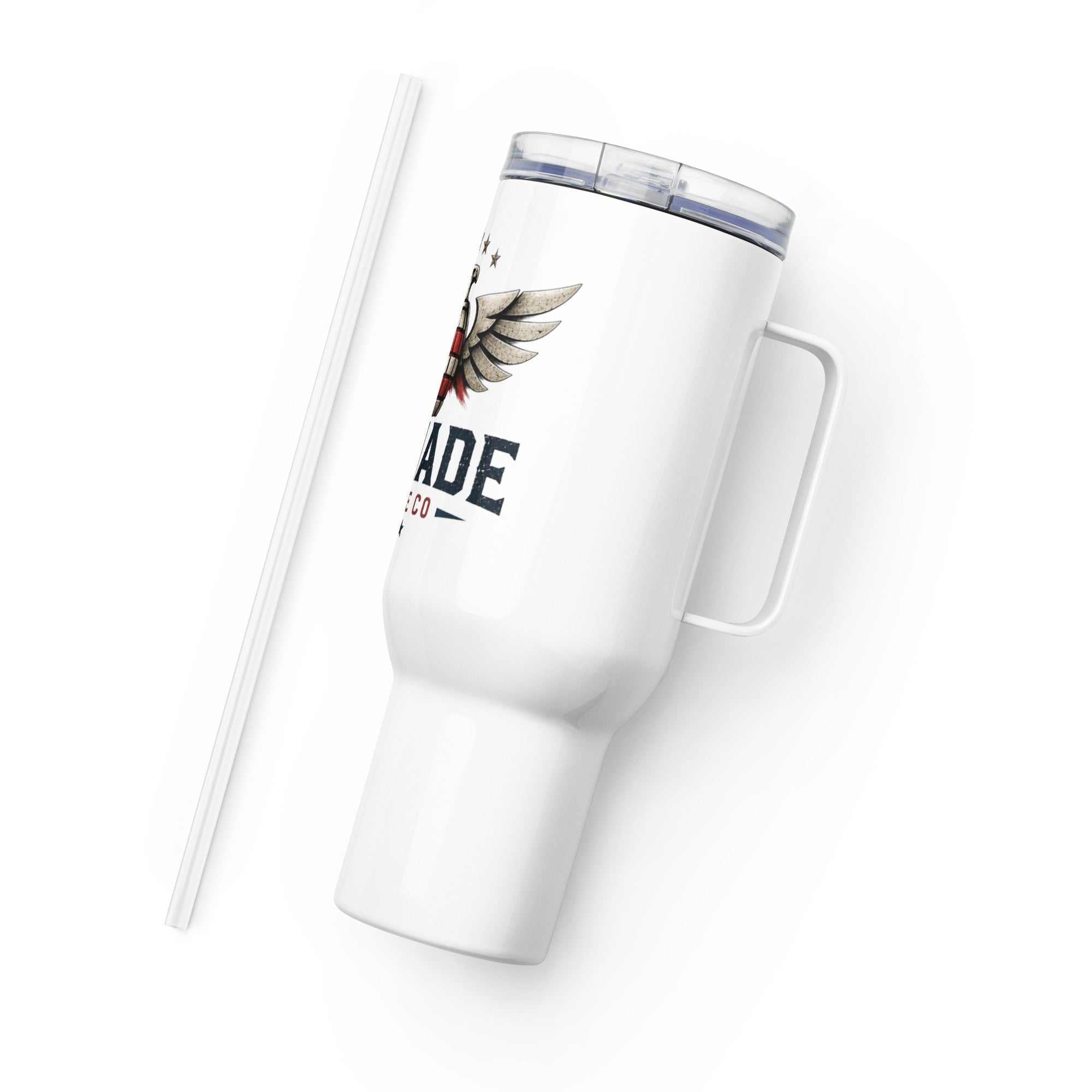 Stainless steel travel mug with handle and spill-proof lid for on-the-go use