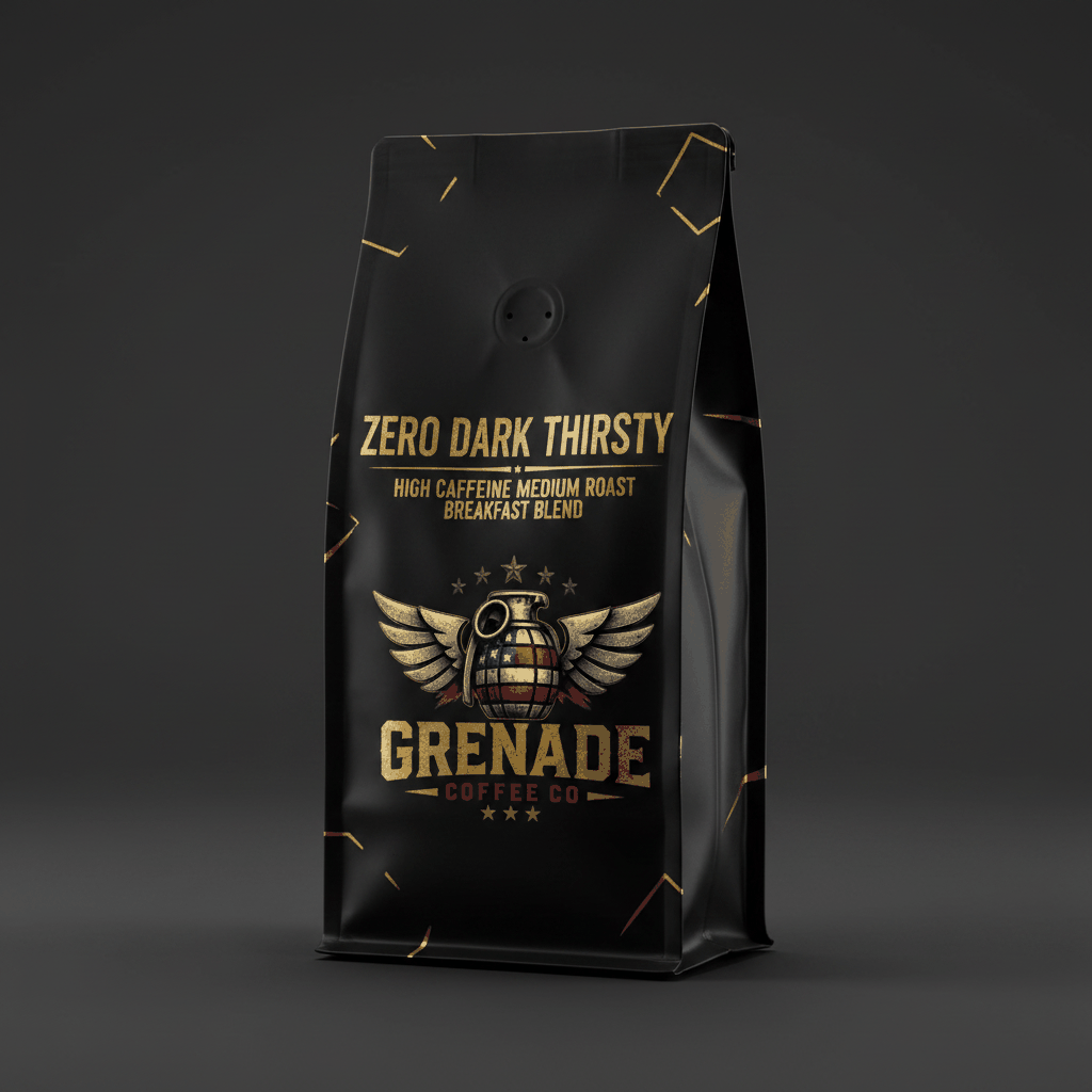 Zero Dark Thirsty high-caffeine medium roast breakfast blend coffee bag with chocolate and nutty notes