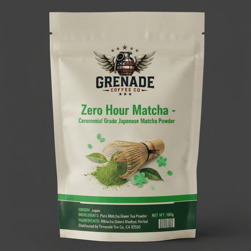 Zero Hour Matcha ceremonial grade Japanese matcha powder in 30g pouch, vibrant green, organic and stone-ground for smooth flavor and natural caffeine boost
